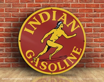 Indian Gasoline (1939) – Petroliana Vintage Reproduction Gas Station Sign (23.5" or 36" Round DIBOND™ Aluminum Composite)