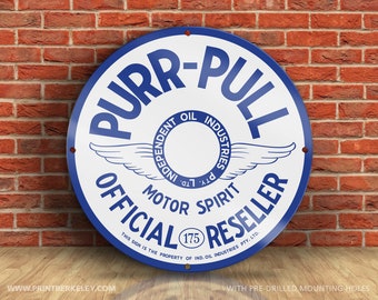 Purr-Pull Motor Spirit Official Reseller – Petroliana Vintage Reproduction Gas Station Sign (23.5" or 36" Round DIBOND™ Aluminum Composite)