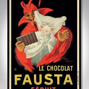 May include: Vintage framed print of a chocolate advertisement. The poster features a devil figure in red, embracing a woman in white, holding a chocolate bar. Text includes "LE CHOCOLAT FAUSTA SÉDUIT" in yellow and white on a black background.