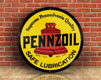 Pennzoil – Safe Lubrication – Petroliana Vintage Reproduction Gas Station Sign (23.5" Round DIBOND™ Aluminum Composite)