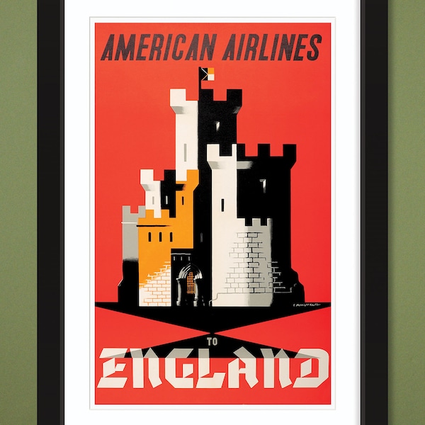 Travel Poster – American Airlines England (1950s) by Edward McKnight Kauffer (12x18 Heavyweight Art Print)