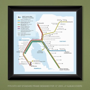 May include: A colorful map of the Bay Area Rapid Transit (BART) system in California. The map shows the different lines and stations, including the San Francisco International Airport, Oakland International Airport, and the cities of San Francisco, Oakland, Berkeley, Richmond, and Antioch. The map is framed in a black frame and is suitable for a 12-inch vinyl LP album cover.