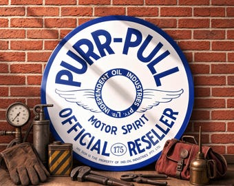 Purr-Pull Motor Spirit Official Reseller – Petroliana Vintage Reproduction Gas Station Sign (23.5"/36"/46" Round DIBOND™ Aluminum Composite)
