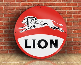 Lion (Red Background) – Petroliana Vintage Reproduction Gas Station Sign (23.5" or 36" Round DIBOND™ Aluminum Composite)