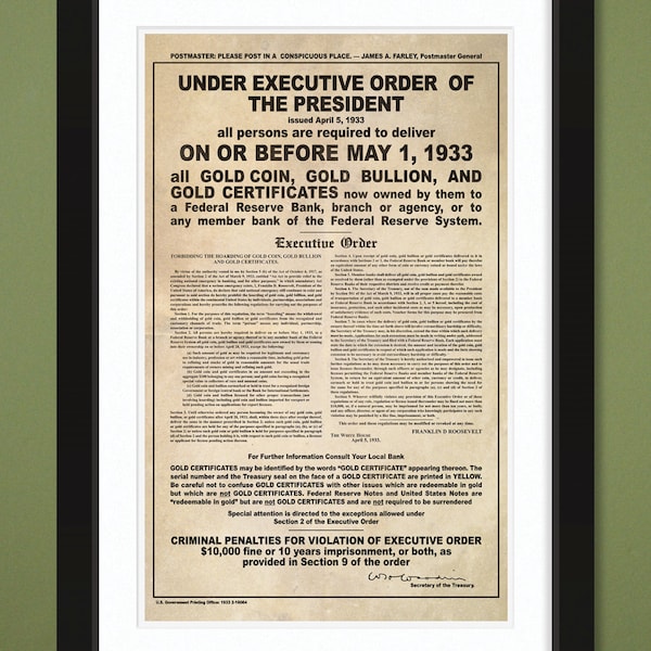 1933 FDR Gold Confiscation Notice – Executive Order 6102 (12x18 100% PCW Heavyweight Art Print)