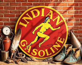 Indian Gasoline (1939) – Petroliana Vintage Reproduction Gas Station Sign (23.5"/36"/46" Round DIBOND™ Aluminum Composite)