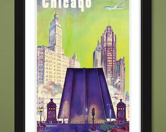Affiche de voyage - Chicago - United Air Lines - Raised Bridge (12x18 Heavyweight Art Print)