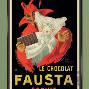 May include: A vintage advertisement for Fausta chocolate featuring a red devil character and a white jester character. The text reads "Le Chocolat Fausta Séduit" and "Usines à Tourcoing (Nord)".