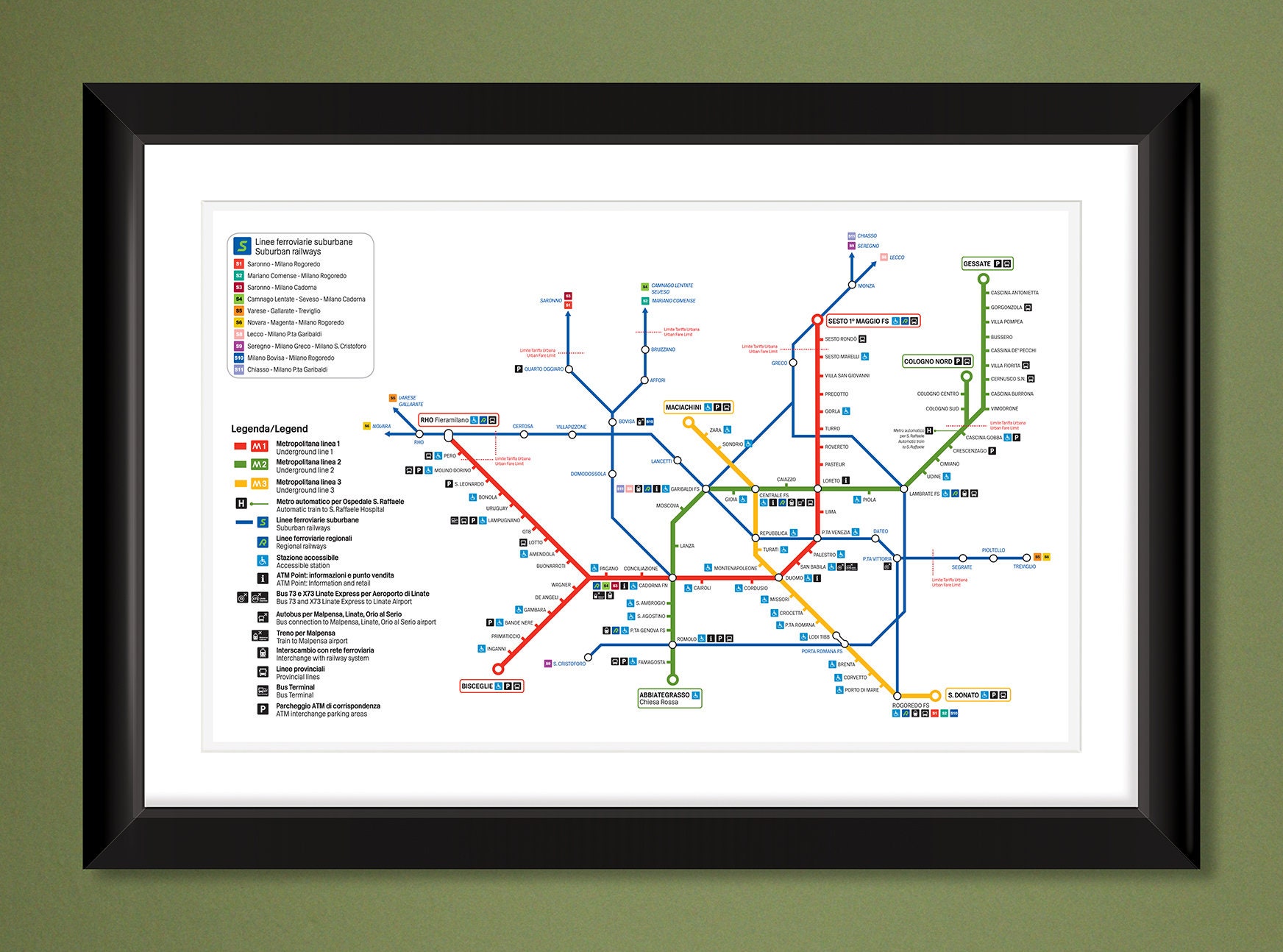 Milan Metro subway Map 18x12 Heavyweight Art Print