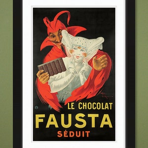 May include: A vintage poster advertising Fausta chocolate. The poster features a red and black jester holding a box of chocolates and a woman in a white dress and hat. The text on the poster reads "Le Chocolat Fausta Séduit".