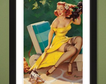 Gil Elvgren – Hold Everything – Puppy Love – Making Friends c1960s (12x18 Heavyweight Art Print)