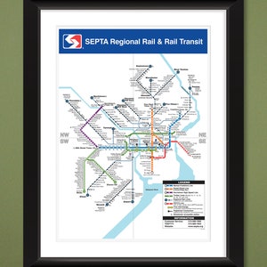 May include: A map of the SEPTA Regional Rail & Rail Transit system in Philadelphia, Pennsylvania. The map shows the different lines and stations, including the Market-Frankford Line, the Broad Street Line, the Trolley Lines, and the Regional Rail Lines. The map also includes a legend explaining the different lines and stations.