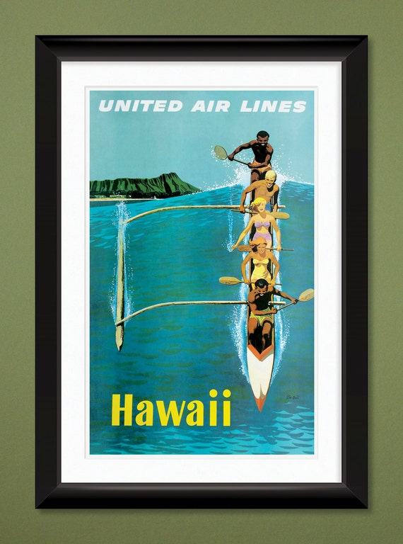 HAWAII UNITED AIR LINES ポスター 60s 1960 United Air Lines Hawaii Stan Galli Canoe Airlines