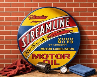 Streamline Motor Oil – Petroliana Vintage Reproduction Gas Station Sign (23.5"/36"/46" Round DIBOND™ Aluminum Composite)