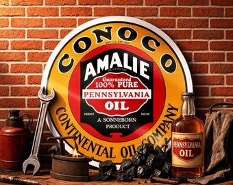 Conoco Amalie Oil – Petroliana Vintage Reproduction Gas Station Sign (23.5"/36"/46" Round DIBOND™ Aluminum Composite)