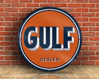 Gulf – Dealer – Petroliana Vintage Reproduction Gas Station Sign (23.5" Round DIBOND™ Aluminum Composite)