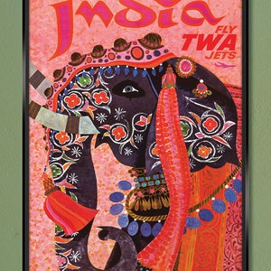 Fly TWA India Travel Poster by David Klein (1958) Gallery-Quality Canvas Wrap 12x18 20x30 24x36 w/ Free UPS Shipping