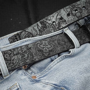 Satanic Black Leather Belt, Designer Belt, Gothic Belt, Custom leather belt, Handmade Mens Belt, Womens Leather Belt, Black Leather Belt