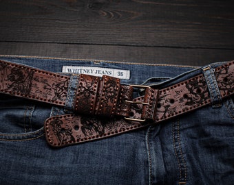 Satanic Cognac Leather Belt, Engraving Belt, Custom leather belt, Handmade Mens Belt, Womens Leather Belt, Black Leather Belt, Jeans Belt