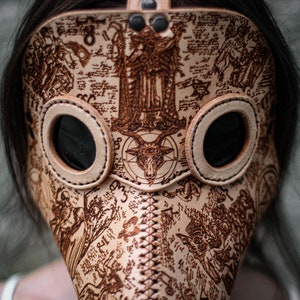 Satanic Plague Doctor Leather Beige Laser Engraving Bird Mask , Medieval Bird Mask, Steampunk Masquerade Halloween Mask