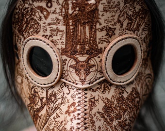 Satanic Plague Doctor Leather Beige Laser Engraving Bird Mask , Medieval Bird Mask, Steampunk Masquerade Halloween Mask