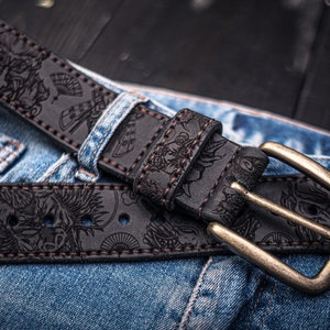 Japanese Demons Black Leather Belt, Designer Belt, Engraving Belt, Custom belt, Handmade Mens Belt, Womens Leather Belt, Black Leather Belt