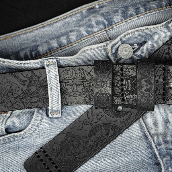 Viking Belt Warrior Engraved Leather  - Handcrafted with Lifetime Warranty, Nordic Legend Laser-Engraved Leather Belt - Unique Viking Design