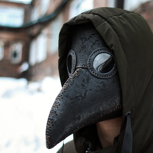 Demon Plague Doctor Mask Leather Black, Medieval Bird Mask, Steampunk Masquerade Halloween Mask image 2