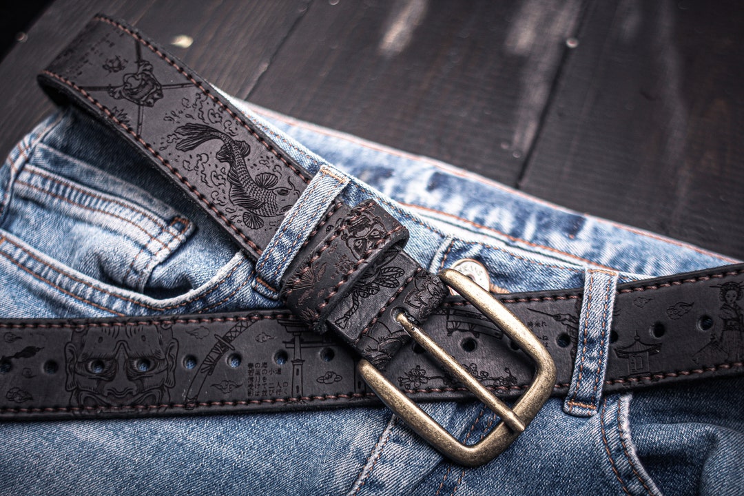 Japanese style Black Leather Belt, Designer Belt, Engraving Belt