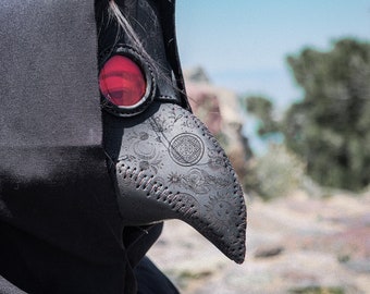Black Occult Plague Doctor Mask Leather , Medieval Mask, Steampunk Masquerade Halloween Mask, Satanic Plague Doctor, Which sigil mask