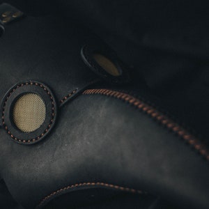 Non-fogging lenses Plague Doctor Mask Leather Black, Medieval Bird Mask, Steampunk Masquerade Halloween Mask image 6