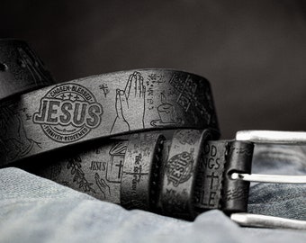 Catholic Black Leather Belt, Engraving Belt, Custom leather belt, Designer Belt, Womens Leather Belt, Black Leather Belt, Handmade Mens Belt