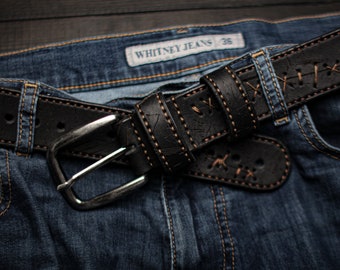 Old Black Leather Belt, Designer Belt, Engraving Belt, Custom leather belt, Handmade Mens Belt, Womens Leather Belt, Black Leather Belt