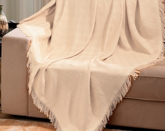 Beige Brazilian Cotton London Throw Blanket With Fringe 63x87 Inches