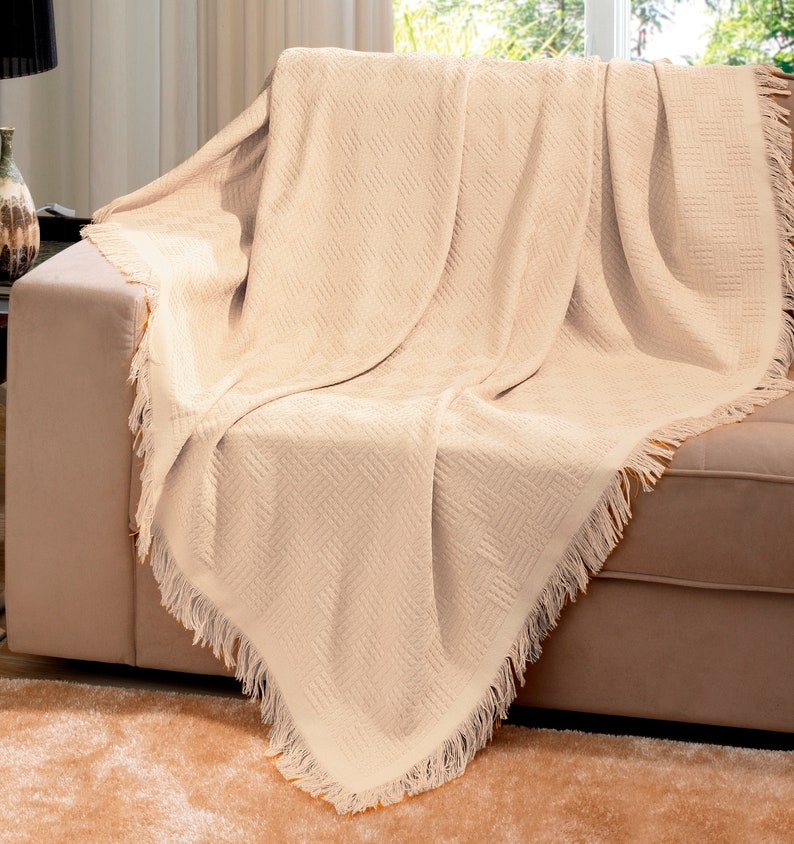 Beige Brazilian Cotton London Throw Blanket With Fringe 63x87 Etsy