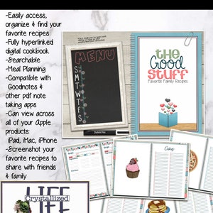 Op de afbeelding: Een digitaal kookboek met een blauwe en witte omslag met de tekst "The Good Stuff Favorite Family Recipes". Het kookboek is open op een pagina met een recept voor taarten. Het kookboek is omringd door andere pagina's met recepten voor verschillende gerechten.