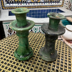 Green Hand Painted Tamegroute Moroccan Candle Holders