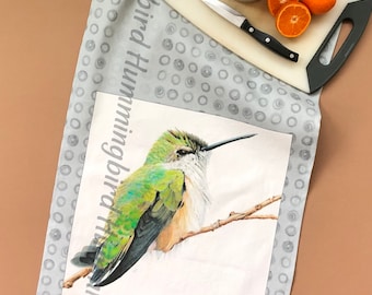 Hummingbird Bird Art Tea Towel. Kitchen Towel. Dish Towel. Hand made.