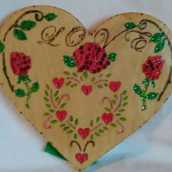 Heart shaped wood burned plaque with Love, hearts vines and roses and gemstones