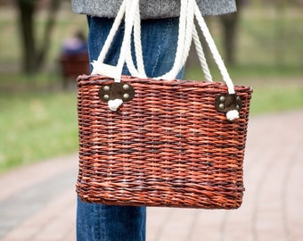 Handmade Wicker Basket Bag: Burgundy Woven Tote with Rope Handles