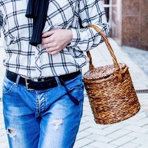 Wicker shopping handle basket purse with lid, Jane Birkin basket, Round wicker canes basket, Vintage basket, Inspirational women gift image 2