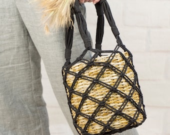 Mesh net basket bag, Hollow out top handle bag, Macrame tote bag, Bucket tote, Wicker straw basket, Vintage purse, Inspirational women gift