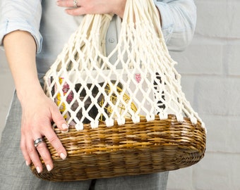 Hollow out top handle oval bag, Macrame tote bag, Mesh net basket bag, Wicker straw basket, Vintage purse, Inspirational women gift