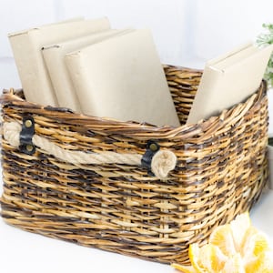 Wicker large basket for shelf closet organize with label and rope handles, Rectangular storage basket bin for shelves, Storage box shelves