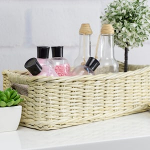May include: A wicker basket filled with various bottles and jars, including a small potted succulent plant. The basket is on a white surface with a small decorative item in the background.