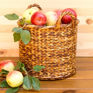 May include: A wicker basket filled with red and green apples. The basket is sitting on a wooden surface.
