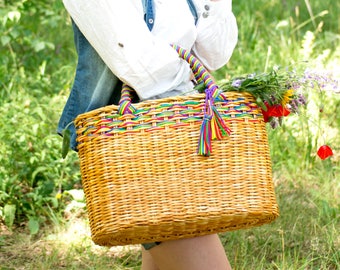 Comfy straw beach wicker bag, Braided top handle tote, Elegant picnic woven basket, Handy shopping basket, Inspirational women gift