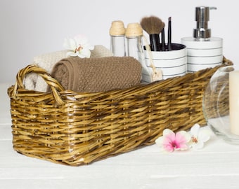 Bathroom perfume organizer small vanity tray, Storage wicker basket, Catch all tray, Dresser tray, Vintage serving wicker tray with handles