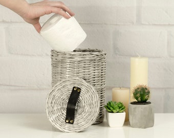 Stylish Toilet Roll Holder: Lidded Wicker Basket for Toilet Paper Storage - Handmade in Ukraine