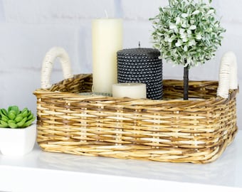 Panier rangement salle de bain en osier, Plateau de décoration vanité avec poignées, Organisateur d’accessoires de maison de ferme, Plateau fourre-tout, Porte-serviettes, Panier dortoir